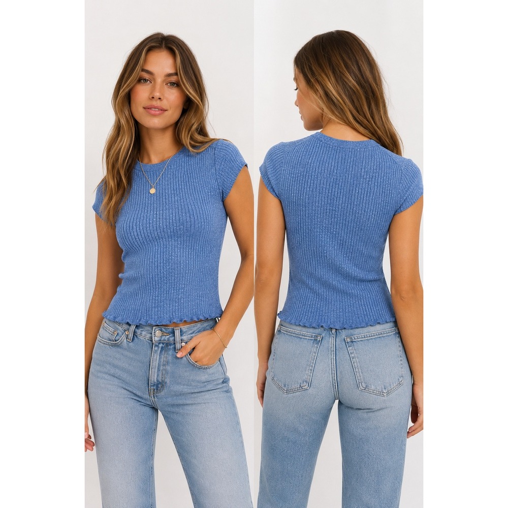 J.Crew Ribbed Knit Top XS Blue Merino Wool Linen Ruffle Hem Cap Sleeve Coastal